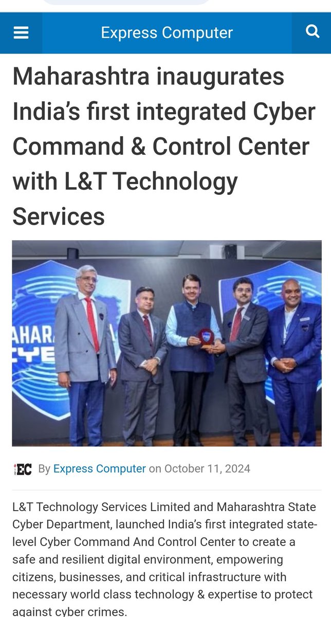 PavanjitMane1's tweet photo. State & Central govt are going to big #ITclients for Indian IT sector.
Maharashtra govt opens #cyberCommandCenter worth 800 cr to tackle digital crime in state in partnetship with LTTS.
Location - Navi Mumbai
Cyber experts hired- 150
#Helpline number to file complaint - 14407 https://t.co/COoIHaHRiV