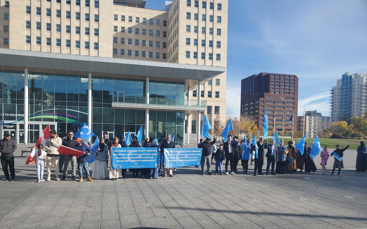 Earlier today, #Uyghurs gathered in front of <a href="/LegAssemblyofAB/">Legislative Assembly of Alberta</a> to protest the 75th anniversary of #China's #October12 invasion of #EastTurkistan, calling on #Canada (<a href="/CanadaFP/">Foreign Policy CAN</a>) to support East Turkistan's struggle to recover its independence and end the ongoing #UyghurGenocide.