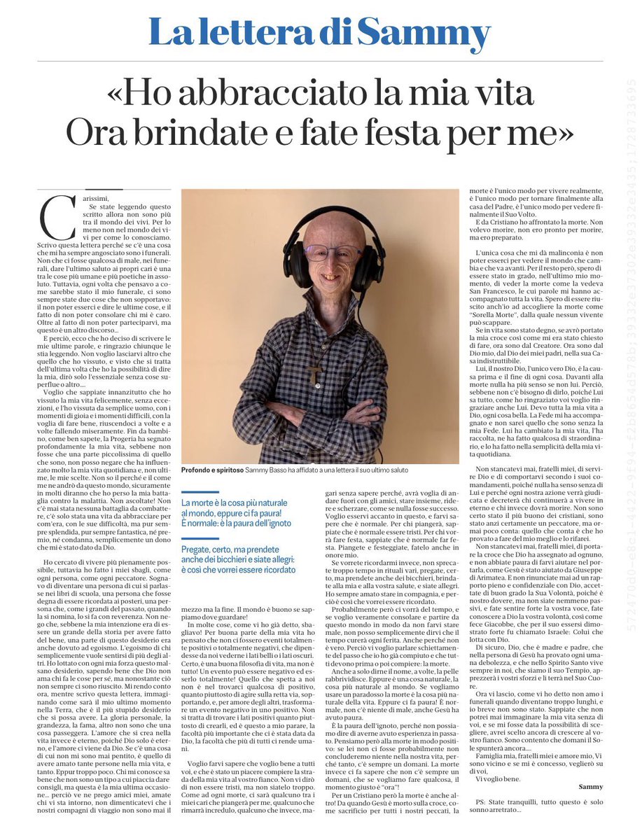 Un grande uomo: Sammy … leggere la sua lettera e imparare tutti #SammyBasso #sammy “ho abbracciato la mia vita ora brindate e fate festa per me”

#buongiorno