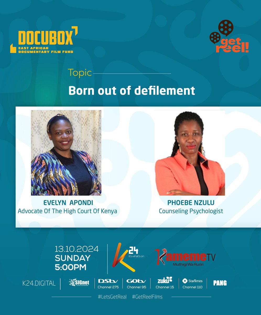 K24Tv's tweet photo. This week on #LetsGetReel, we’re shedding light on the difficult and heartbreaking challenges faced by children born from defilement.
It’s a conversation that matters. Join us today at 5:00 PM on #K24TV or stream live at https://t.co/zykREUw85Z!
#LetsGetReal #GetReelFilms #K24TV