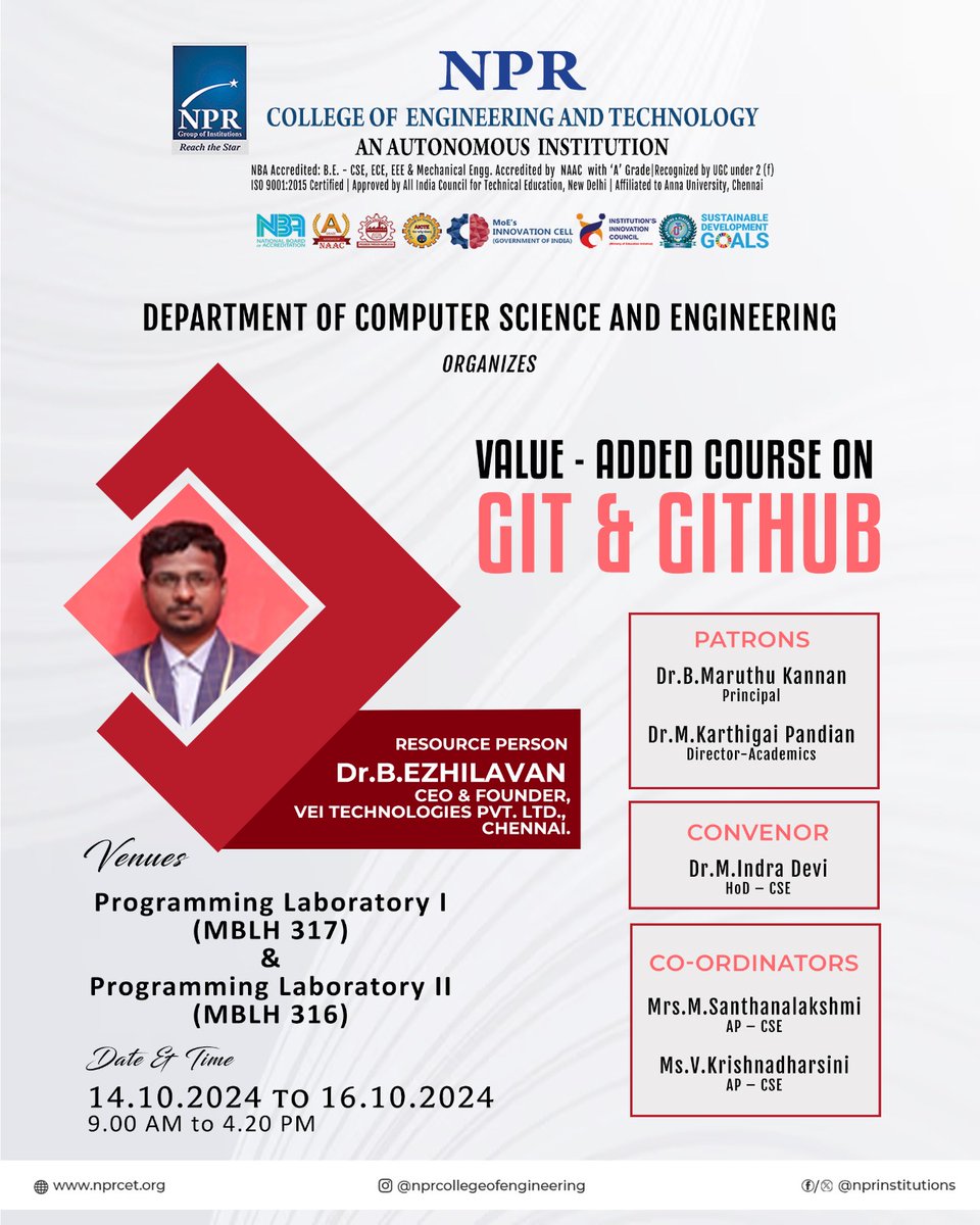 nprinstitutions's tweet image. Want to master Git and GitHub like a pro?
Our value-added course led by Dr. B. Ezhilavan is your key to becoming a version control expert.
Don’t miss out on this chance to code smarter!
#CodingSkills #GitAndGitHub #TechLearning #EngineeringExcellence