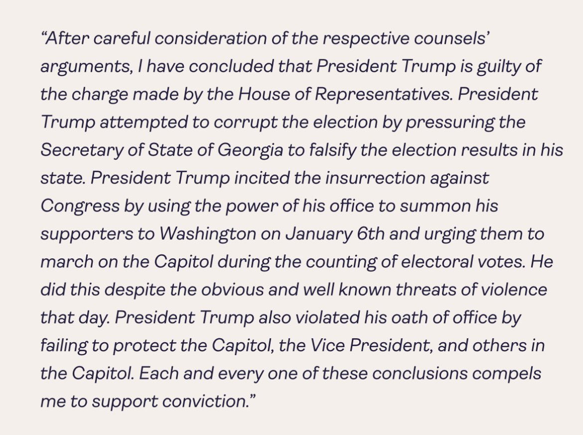 “I have concluded that President Trump is guilty... Trump attempted to corrupt the election by pressuring the Secretary of State of Georgia to falsify the election results in his state. Trump incited the insurrection against Congress…” - <a href="/SenatorRomney/">Senator Mitt Romney</a> (R) - Utah