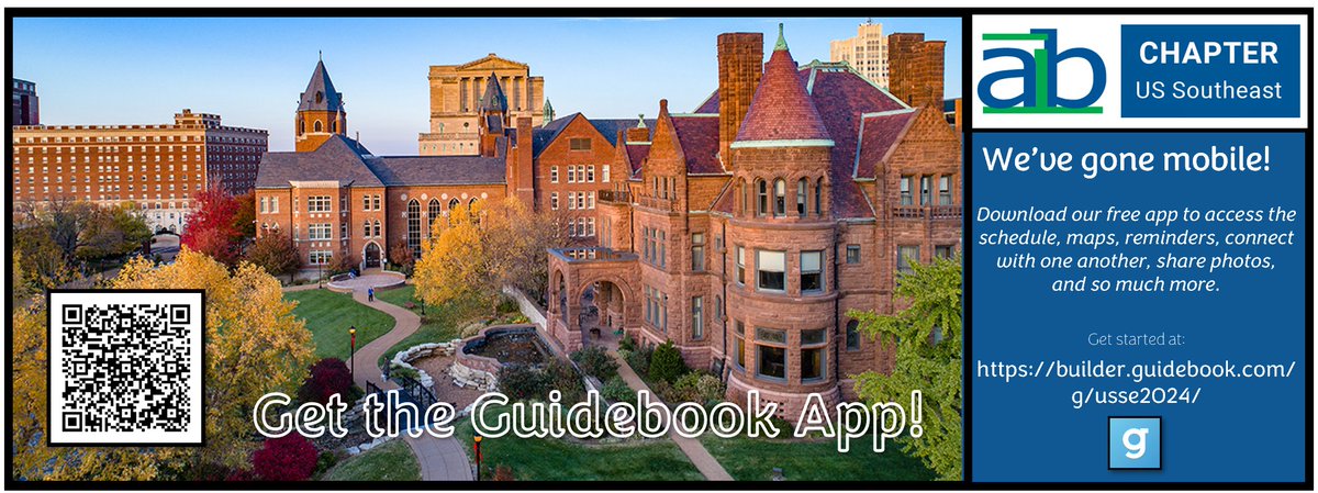 The AIB-SE 2024 Conference in St. Louis has gone mobile! Download our free app and access the schedule, maps, reminders, connect with one another, share photos, and so much more.

Join us at: builder.guidebook.com/g/usse2024/