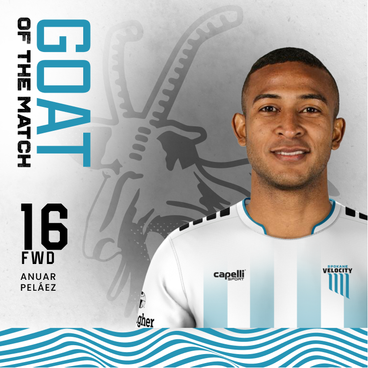 SpokaneVelocity's tweet photo. With a goal in his first ever start for the club Anuar Pelรกez is your GOAT of the match! ๐๐
#SPKvGVL #LeagueOne #LetsGoSpo #UpTheFalls #WelcomeToTheEdge #SpokaneVelocityFC #VeloFC #VeloHonor https://t.co/cARAQTMXED