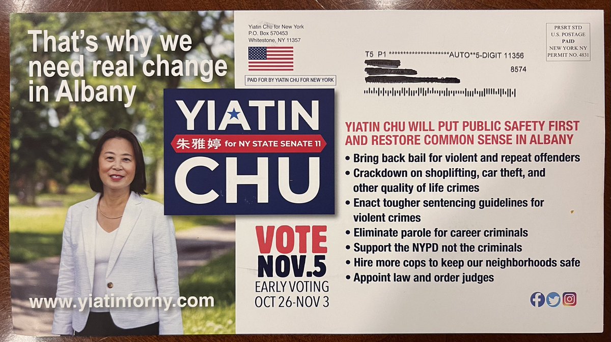 YiatinforNY's tweet photo. Arriving in mailboxes throughout eastern Queens — postcard featuring incumbent Toby Ann Stavisky’s bail reform. She helped release thousands of violent criminals onto our streets.
==> I’ll bring real change in Albany.
#FixBailReform #ItsTimeForChange https://t.co/5wEZl0XiPm