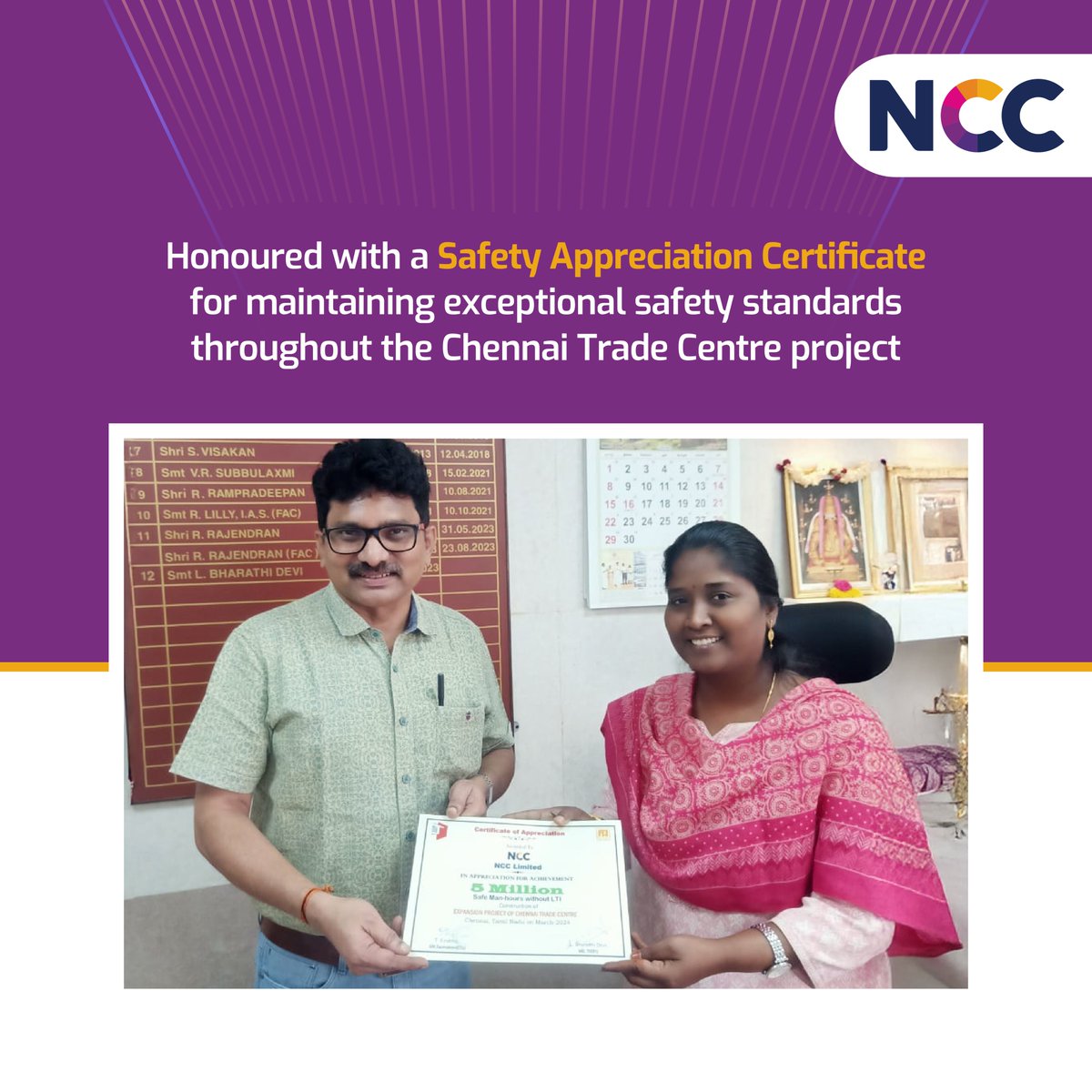 ncc_limited's tweet image. #NCCLimited achieves #5million #safemanhours at the #ChennaiTradeCentre project with zero #LostTimeInjuries! Honoured with a #SafetyAppreciationCertificate, this milestone reflects our commitment to exceptional safety standards.

#NCC #SafetyFirst #Achievement #Award