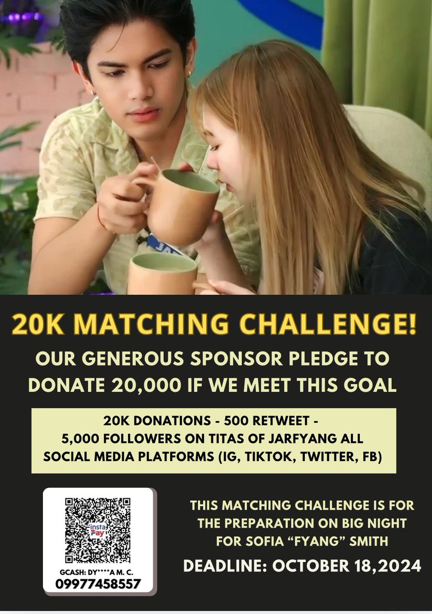 titasofjarfyang's tweet photo. Our generous sponsor, Tita @_geraldinegrace , has pledged to donate $20,000 if we reach $20,000 by October 18, 2024! All funds will support Fyangโs Journey to the Big Night.
Weโre also aiming for 500 retweets and want to grow our Titasโ social media following to 5,000.
Thank you for all your support! ๐