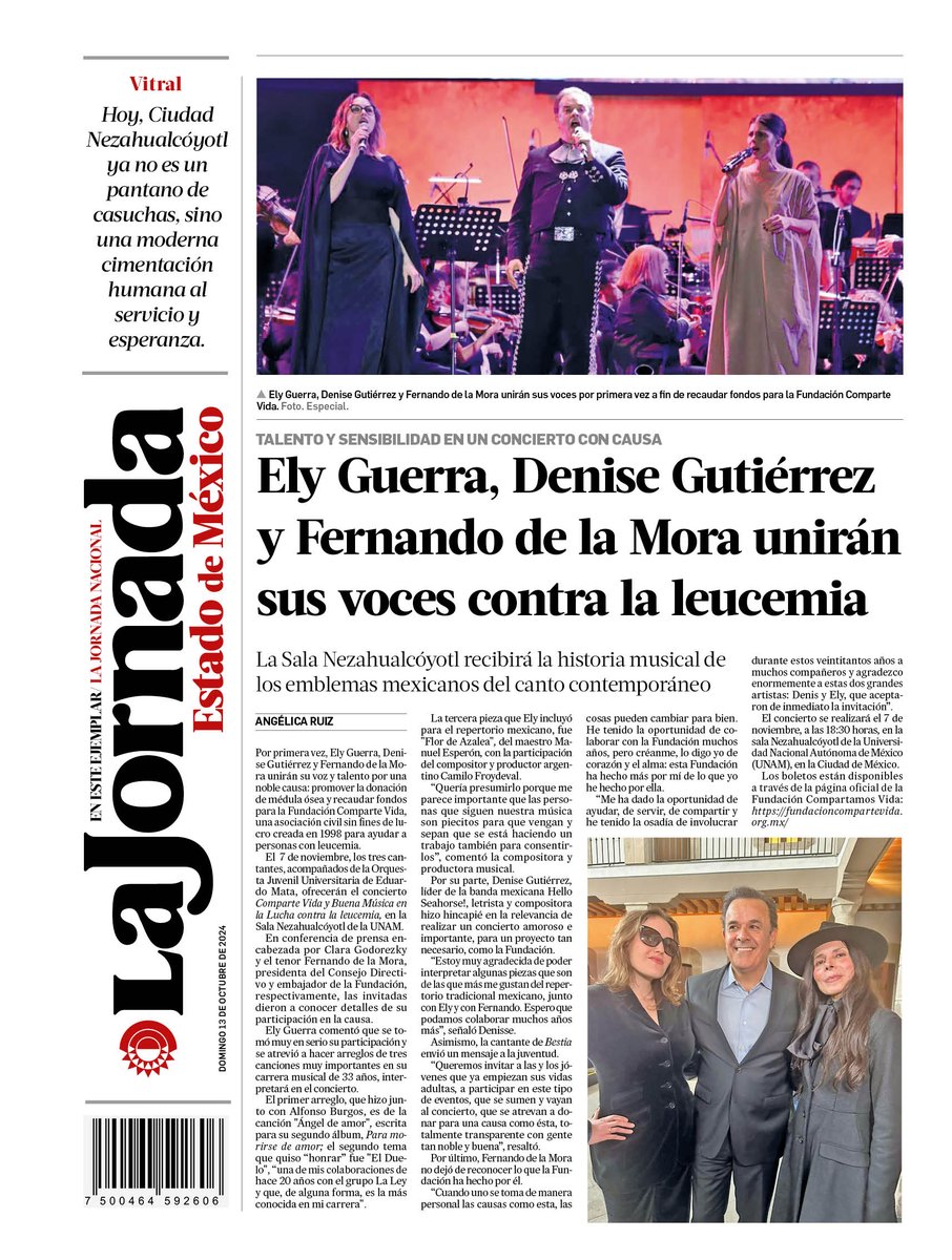 #LaJornadaImpresa| #Contraportada 13/10/2024

🔴Ely Guerra, Denise Gutiérrez y Fernando de la Mora unirán sus voces contra la leucemia

🔴Opinión de Paloma Cuevas

lajornadaestadodemexico.com