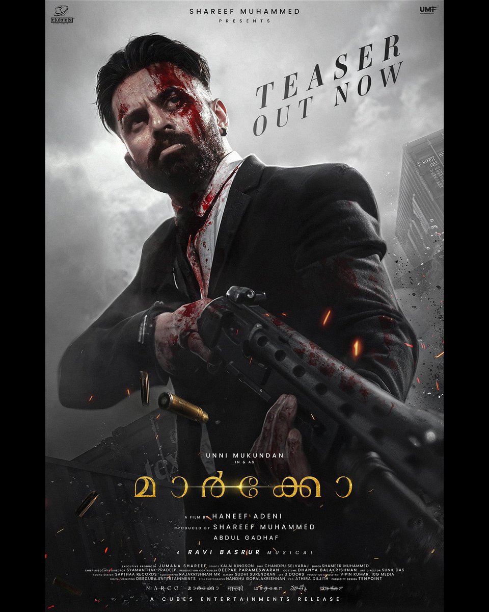 Iamunnimukundan's tweet photo. No Mercy. It’s PayBack Time 🪓
#Marco Teaser Out Now! @iamUnniMukundan

https://t.co/hkfwm8Ja7i

Film Details:

Starring : Unni Mukundan, Yukti Thareja , Kabir Duhan Singh
Written & Directed by: Haneef Adeni
Produced by : Shareef Muhammed
Banner: Cubes Entertainments
Music & Background score : Ravi Basrur
Executive Producer : Jumana Shareef
Stunts : Kalai Kingson
DOP: Chandru Selvaraj
Editor: Shameer Muhammed
Chief Associate Director : Syamanthak Pradeep
Co producer : Abdul Gadhaf
Production Controller : Deepak Parameswaran
Costume : Dhanya Balakrishnan
Art Director : Sunil Das
Audiography : Rajakrishnan MR
Sound Design : Kishan Sapthaa Records
Makeup : Sudhi Surendran
VFX : 3 Doors
Promotion Consultant : Vipin Kumar , 10G Media
Digital Marketing : Obscura Entertainments
Still Photography : Nandhu Gopalakrishnan
PRO : Athira Diljith
Publicity Design : Tenpoint

Distribution by : Cubes Entertainments