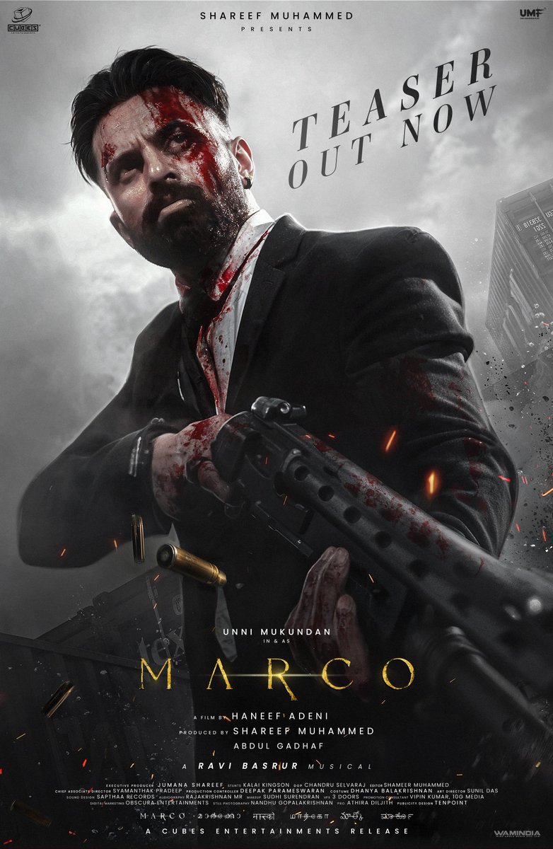 Iamunnimukundan's tweet photo. No Mercy. It’s PayBack Time 🪓
#Marco Teaser Out Now! @iamUnniMukundan

https://t.co/hkfwm8Ja7i

Film Details:

Starring : Unni Mukundan, Yukti Thareja , Kabir Duhan Singh
Written & Directed by: Haneef Adeni
Produced by : Shareef Muhammed
Banner: Cubes Entertainments
Music & Background score : Ravi Basrur
Executive Producer : Jumana Shareef
Stunts : Kalai Kingson
DOP: Chandru Selvaraj
Editor: Shameer Muhammed
Chief Associate Director : Syamanthak Pradeep
Co producer : Abdul Gadhaf
Production Controller : Deepak Parameswaran
Costume : Dhanya Balakrishnan
Art Director : Sunil Das
Audiography : Rajakrishnan MR
Sound Design : Kishan Sapthaa Records
Makeup : Sudhi Surendran
VFX : 3 Doors
Promotion Consultant : Vipin Kumar , 10G Media
Digital Marketing : Obscura Entertainments
Still Photography : Nandhu Gopalakrishnan
PRO : Athira Diljith
Publicity Design : Tenpoint

Distribution by : Cubes Entertainments