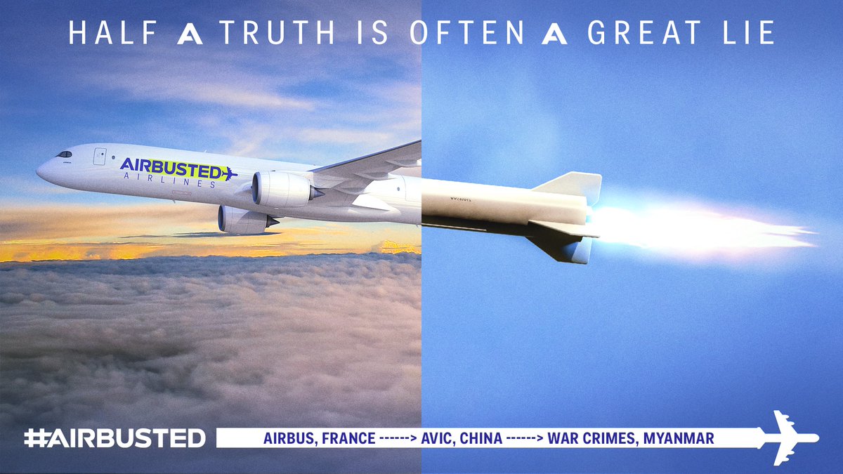 Airbus ကတော့ ကမ္ဘာကြီးဟာ လှပတဲ့နေရာတစ်ခုဖြစ်တယ်လို့ ယုံကြည်နေတုန်းပါပဲ။ — ဒါပေမယ့် သူတို့ရဲ့ အဓိကစီးပွားဖက်တွေကတော့ မြန်မာနိုင်ငံတွင်း စစ်ရာဇဝတ်မှုတွေကျူးလွန်နေတဲ့စစ်အုပ်စုကို အကူအညီပေးနေတာကြောင့် #Airbus ဟာ #Airbusted

ပိုမိုသိရှိလိုပါက 👉🏽 bit.ly/3XNnxHu

#AVIC #China