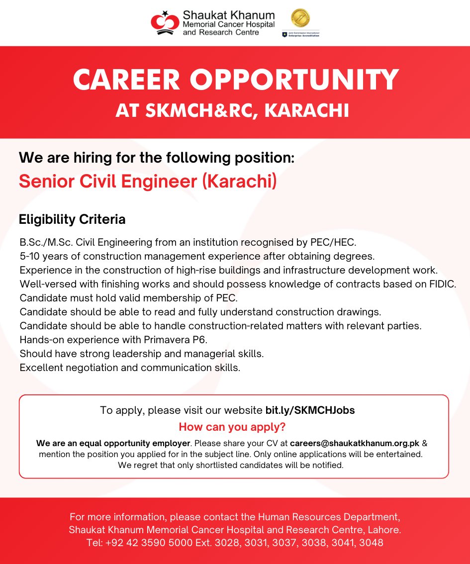 Career Opportunity at Shaukat Khanum Memorial Cancer Hospital and Research Centre, Karachi.

➡️ Senior Civil Engineer (Karachi)

Apply online at 👉bit.ly/SKMCHJobs

✉️ careers@shaukatkhanum.org.pk

#CareersAtSKMCH #SKMCH #JobAlert #JobsInKarachi