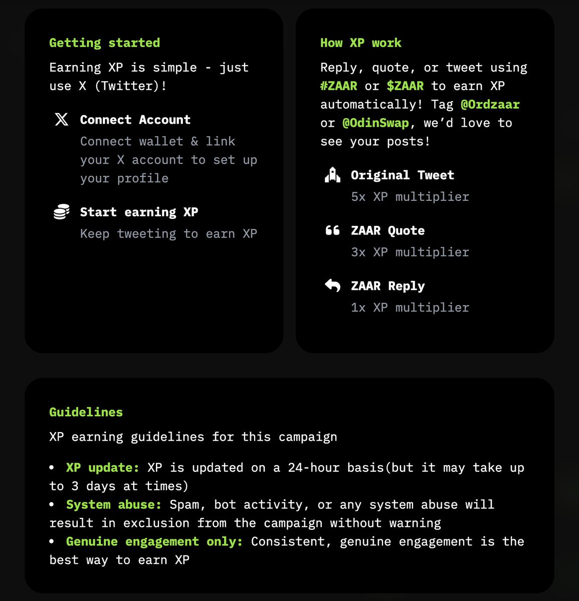 SuperstellarBTC's tweet photo. GM $ZAAR fam!  We’ve been getting a lot of questions about  XP, so let’s clear things up about how XP works in SuperFi.

✨As mentioned in the dashboard:
1. To earn XP automatically, you need to reply, quote, or tweet using #ZAAR or $ZAAR. Simply liking or reposting others’ tweets won’t earn you XP.
2. For XP, your reply, quote, or tweet needs to generate engagement (replies, likes, views & reposts)—that’s when your XP will roll in. 

✨Regarding syncing delays:
XP is updated on a 24-hour basis, but as mentioned on the site, it can sometimes take up to 3 days due to the massive volume of tweets. Please bear with us while we sync everything!

✨As a reminder:
Any form of system abuse—spam, bot activity, or other violations—will result in exclusion from the campaign without warning. We take this very seriously to keep things fair.

Lastly, huge thanks for all your support and love! ❤️ We couldn’t do this without you!
