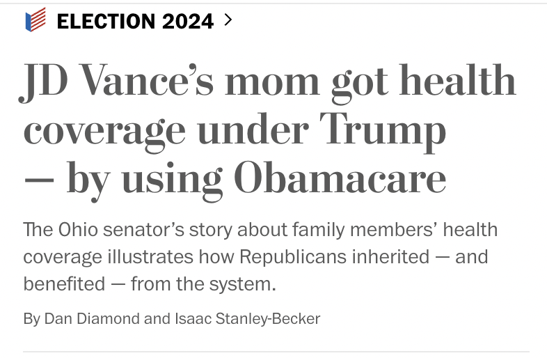 markmobility's tweet photo. JD Vance credits Trump with getting his mother health insurance. It actually was Obamacare--which Trump tried to dismantle. https://t.co/HK79ErgzUb