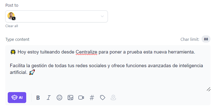 🌟 Hoy estoy tuiteando desde Centralize para poner a prueba esta nueva herramienta.

Facilita la gestión de todas tus redes sociales y ofrece funciones avanzadas de inteligencia artificial. 🚀