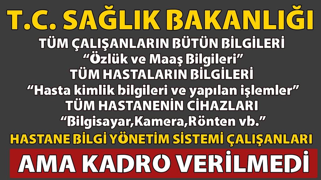 <a href="/drmemisoglu/">Prof. Dr. Kemal Memişoğlu</a> Anlatıyoruz sayın bakanım o zaman <a href="/drmemisoglu/">Prof. Dr. Kemal Memişoğlu</a> ;

Türkiye cumhuriyetinde hiç bir kamunun Bilgi işlemi Taşeron olarak çalıştırılmıyor neden SAĞLIK bakanlığınının en önemli birimi Hastane Bilgi yönetim sistemi Bilgi işlem çalışanlarınız Taşeron ve en düşük maaşla hiç bir özlük