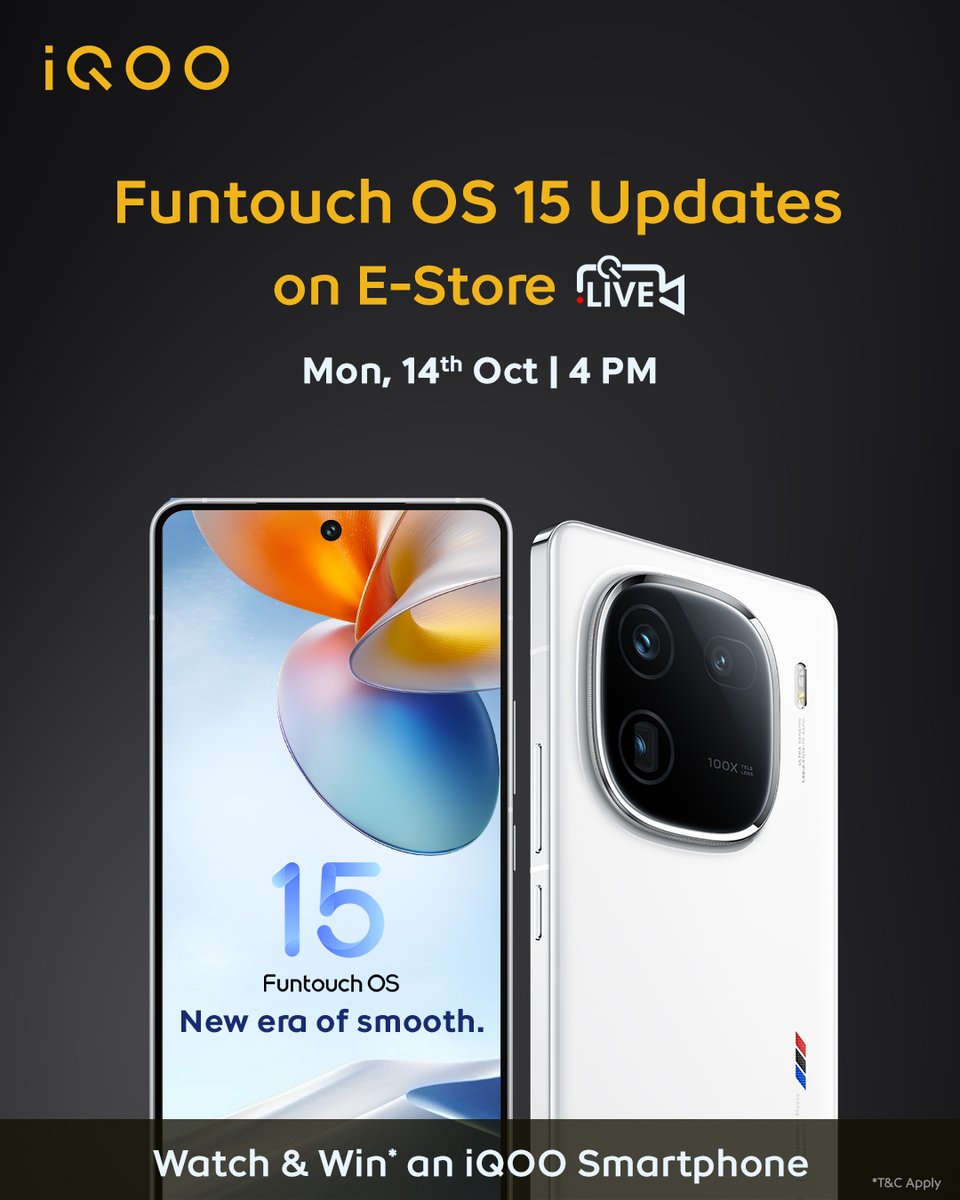 IqooInd's tweet photo. Join us on the iQOO E-Store for the #MaxPowerMaxOffers event on 4PM, 14th Oct as we explore FunTouch OS 15βs exciting updates and features, marking a #NewEraofSmoothness. Plus, you could walk away with a brand-new iQOO Z7 Pro while diving into the ultimate smartphone experience!
Know more β https://t.co/ZbLR7zsCER
#iQOO #MaxPowerMaxOffers #EStoreLive #GiveawayAlert
