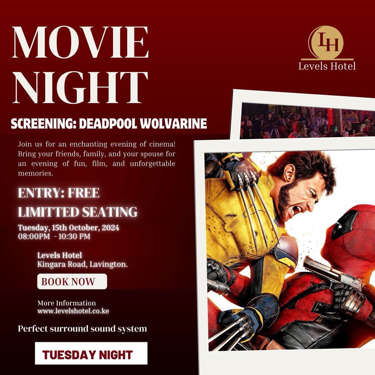 levelshotel's tweet image. Movie Night Alert! Join us for an unforgettable evening of cinema with a special screening of Deadpool vs Wolverine 🦸‍♂️🔥#MovieNight #DeadpoolVsWolverine 🎥 #CinemaVibes #ActionMovieNight #FreeEntry #NairobiEvents #LevelsHotel #TuesdayNightPlans #PopcornTime