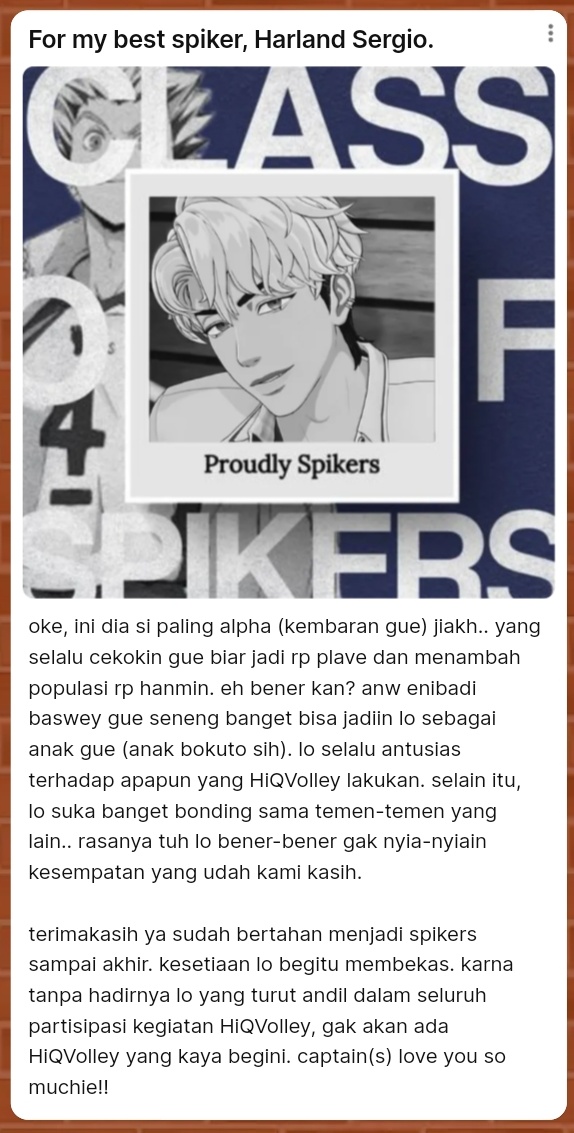 Kutip dari abang Ran, disuruh Hanniphal. Kalau ada kesempatan selanjutnya, doeunhoc tetep mau jadi spiker Fukurodani nomor punggung 5! Thank you captains dan spikers 🫶