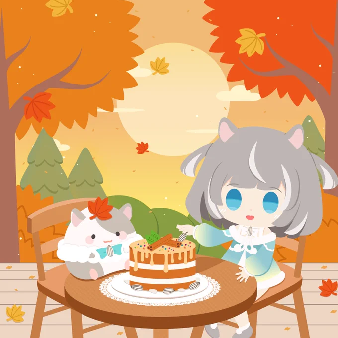 デフォルメキャラ×食べ物を組み合わせたイラストの企画で、イラストレーター兼VTuberのぴーこさん( )を描かせていただきました〜! 希望は季節にあったケーキでしたので、秋の風景と一緒に楽しむイラストにしてみました ご協力ありがとうございました!!