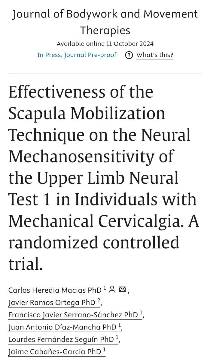 Carlos López Cubas (@clopezcubas) on Twitter photo La técnica de terapia manual de movilización de escápula en sujetos que presentan cervicalgia y un ULNT1 positivo ayuda significativamente a mejorar la mecanosensibilidad neural del nervio mediano y el dolor.
doi.org/10.1016/j.jbmt…
<a href="/neurodinamicaVL/">Neurodinámica en la Práctica Clínica</a> #terapiamanual La técnica de terapia manual de movilización de escápula en sujetos que presentan cervicalgia y un ULNT1 positivo ayuda significativamente a mejorar la mecanosensibilidad neural del nervio mediano y el dolor.
doi.org/10.1016/j.jbmt…
<a href="/neurodinamicaVL/">Neurodinámica en la Práctica Clínica</a> #terapiamanual