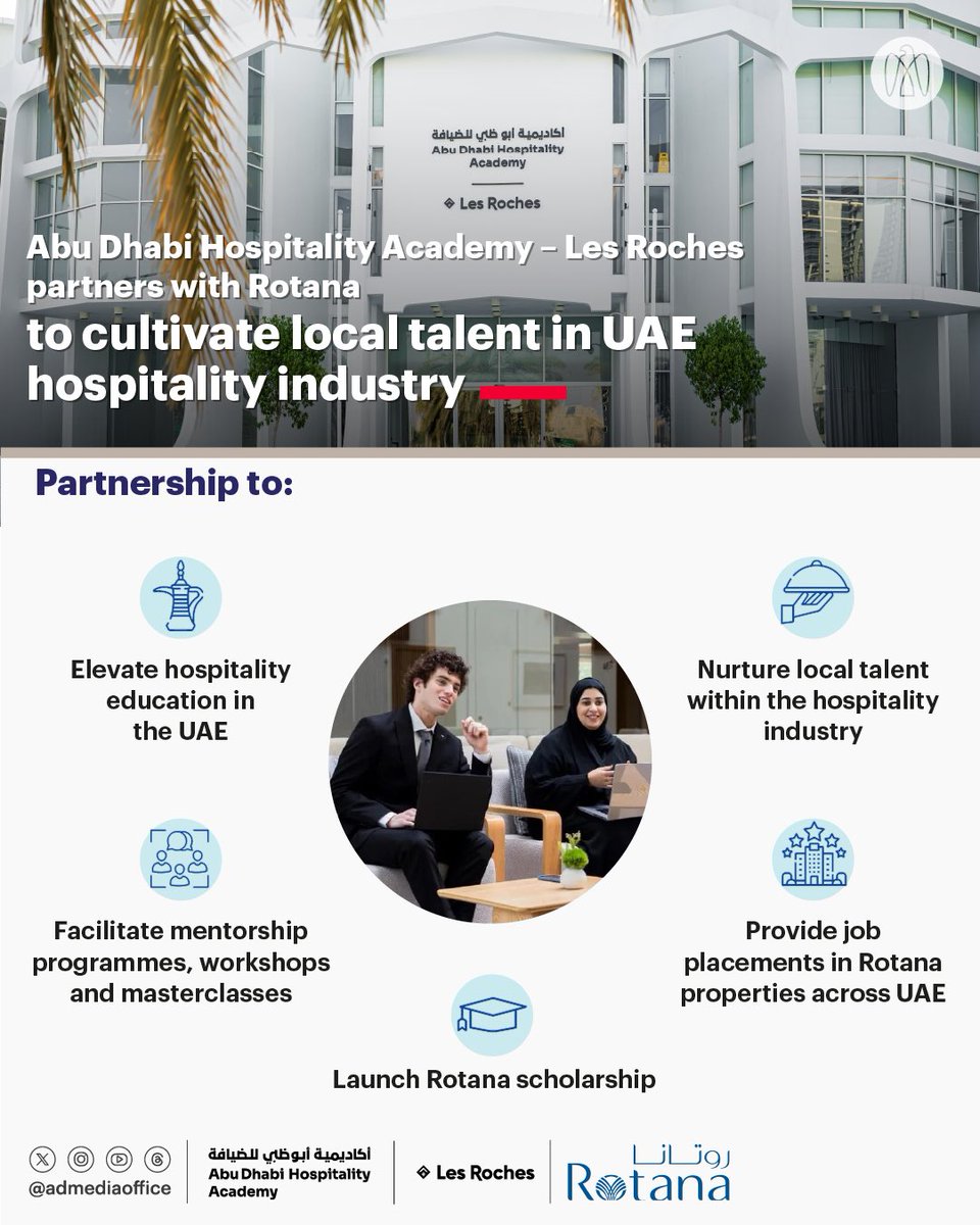 مكتب أبوظبي الإعلامي (@admediaoffice) on Twitter photo The Abu Dhabi Hospitality Academy – Les Roches has partnered with <a href="/Rotana_Hotels/">Rotana Hotels</a> to upskill local talent in the hospitality industry. The academy has enrolled its first batch of students for training, supporting the tourism and hospitality sector in Abu Dhabi and across the UAE. The Abu Dhabi Hospitality Academy – Les Roches has partnered with <a href="/Rotana_Hotels/">Rotana Hotels</a> to upskill local talent in the hospitality industry. The academy has enrolled its first batch of students for training, supporting the tourism and hospitality sector in Abu Dhabi and across the UAE.