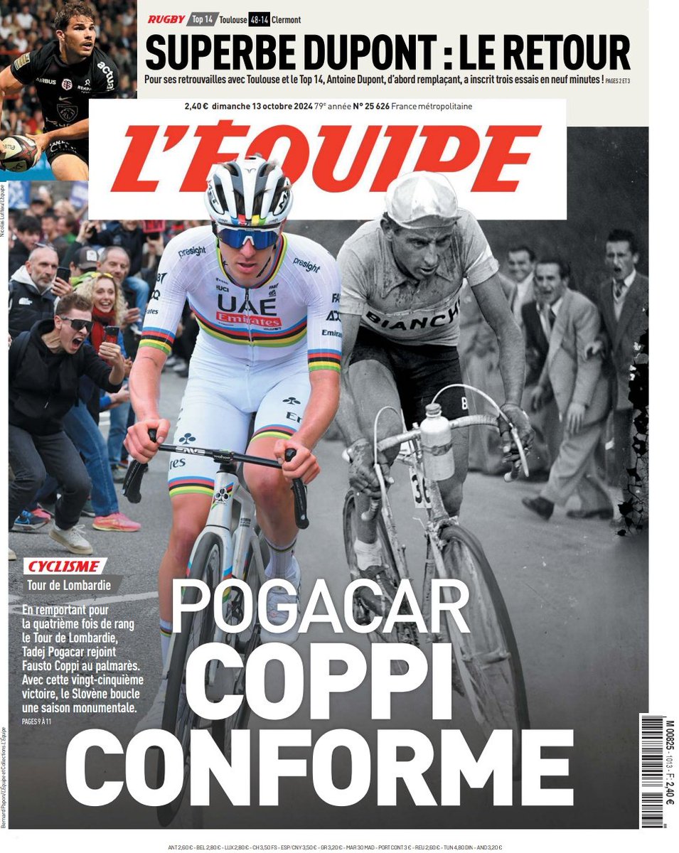 Tadej Pogacar and Fausto Coppi on the front page of today's L'Equipe, what a beauty! 😍
#iLombardia