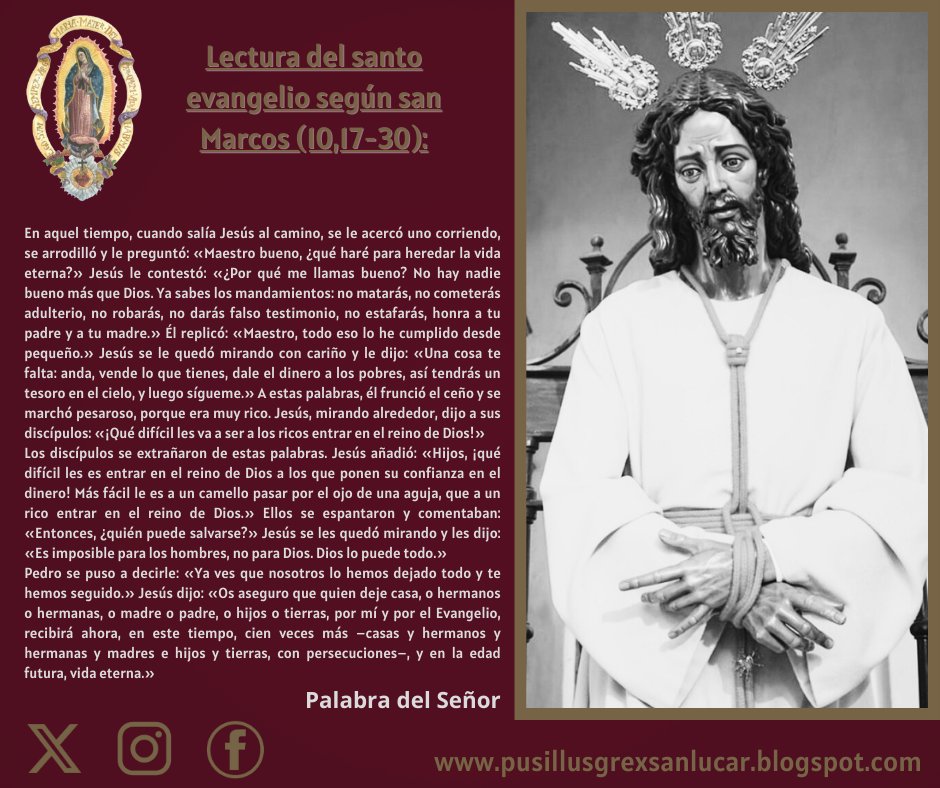 Pusillus_Grex's tweet photo. 🟣 XXXVIII DOMINGO DEL TIEMPO ORDINARIO
Lectura del santo evangelio según san Marcos (10,17-30):

«Es imposible para los hombres, no para Dios. Dios lo puede todo.»

#pusillusgrex #soberanopoder #guadalupe #jara https://t.co/S7VCrALAiX