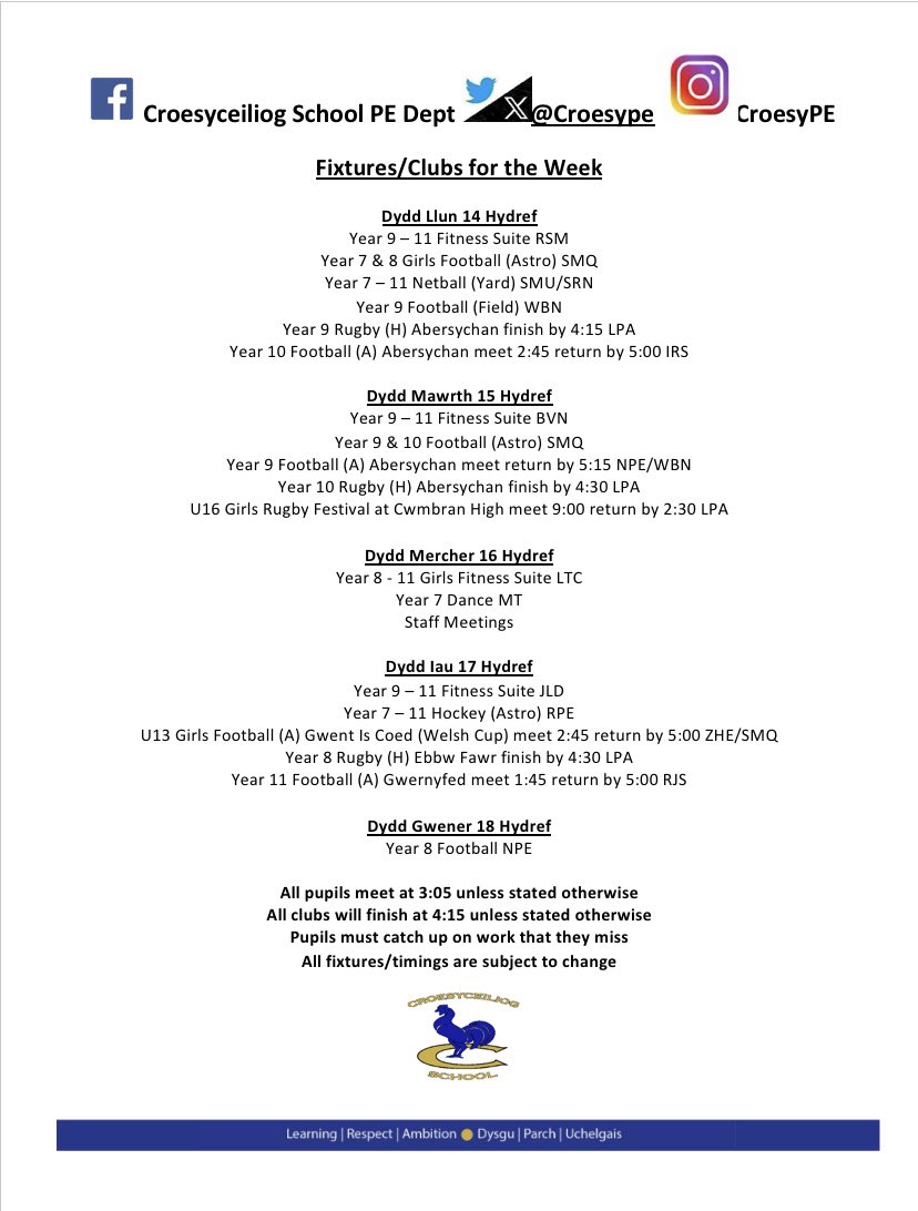 Let’s hope the weather doesn’t spoil our fixtures this week <a href="/croesyschool/">Croesyceiliog School</a> <a href="/croesyheadteach/">Headteacher Croesyceiliog</a> @CroesyDoWKS3 <a href="/CroesyGirls/">Croesy Girls Active</a> <a href="/LoukasPara1987/">Mr Paraskeva aka Skeeva</a>
