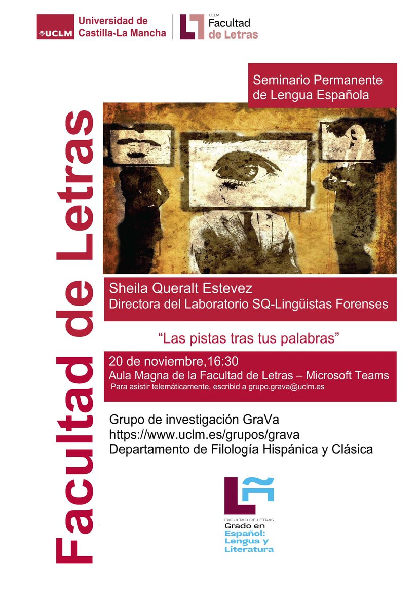 Laura (@lpez_laura) on Twitter photo 📢📢El próximo 20 de noviembre retomamos el ciclo de conferencias del Seminario Permanente de Lengua Española <a href="/HispanicasUCLM/">Hispánicas UCLM</a> por todo lo alto: <a href="/DrSheilaQueralt/">Sheila Queralt | Lingüista Forense</a> nos hablará de las "Las pistas de las palabras". ¿Te lo vas a perder?
Toda la información aquí 👇🏻 📢📢El próximo 20 de noviembre retomamos el ciclo de conferencias del Seminario Permanente de Lengua Española <a href="/HispanicasUCLM/">Hispánicas UCLM</a> por todo lo alto: <a href="/DrSheilaQueralt/">Sheila Queralt | Lingüista Forense</a> nos hablará de las "Las pistas de las palabras". ¿Te lo vas a perder?
Toda la información aquí 👇🏻