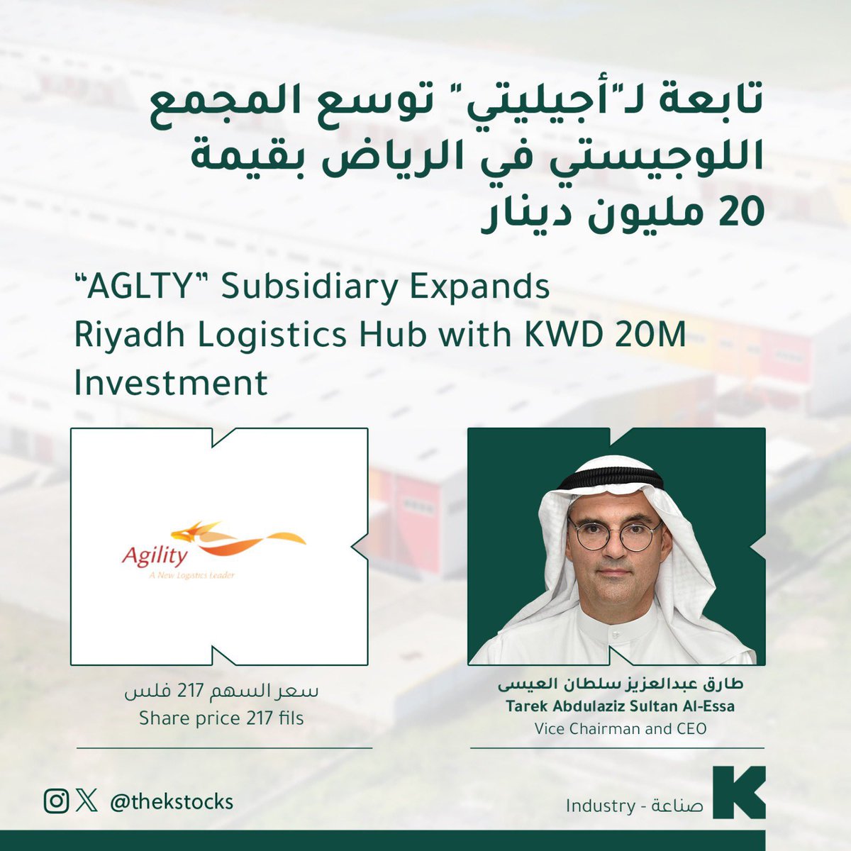 من المحزن في نفس اليوم تعلن هيئة الصناعة عن انهاء العلاقة التعاقدية لإجيليتي بمرافق جديدة (الجهراء + توسعة الصليبية) 

وتتوسع الشركة بالرياض!!!

لايمكن خلق اقتصاد متنوع جاذب و مستدام بدون شراكه مثمره بين القطاعين وبيئة جاذبة ومحفزة ….

النموذج الاشتراكي كان فاشل