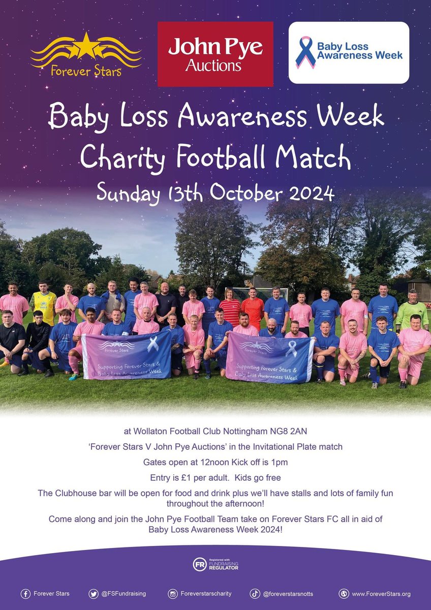 Forever Stars (@fsfundraising) on Twitter photo It’s Big Match Day
Forever Stars FC v <a href="/John_Pye/">John Pye Auctions</a> FC, playing for the Baby Loss Awareness Week Charity Shield!
✅ Gate opens 12noon
✅ Kick off 1pm
✅ Bar open
✅ BBQ
✅ Raffle
✅ Silent auction
✅ Tombola
✅ England on TV after the match in the bar
#BLAW2024 It’s Big Match Day
Forever Stars FC v <a href="/John_Pye/">John Pye Auctions</a> FC, playing for the Baby Loss Awareness Week Charity Shield!
✅ Gate opens 12noon
✅ Kick off 1pm
✅ Bar open
✅ BBQ
✅ Raffle
✅ Silent auction
✅ Tombola
✅ England on TV after the match in the bar
#BLAW2024