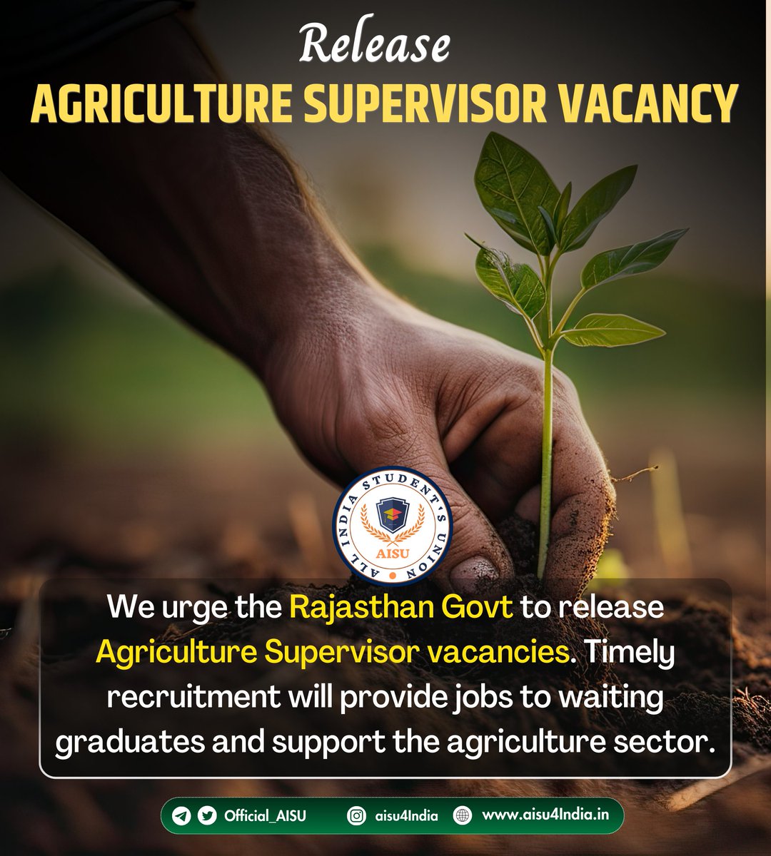 We urge the Rajasthan Govt to release Agriculture Supervisor vacancies. Timely recruitment will provide jobs to waiting graduates and support the agriculture sector.
#कृषि_बेरोजगार_मांगे_रोजगार <a href="/RajCMO/">CMO Rajasthan</a>