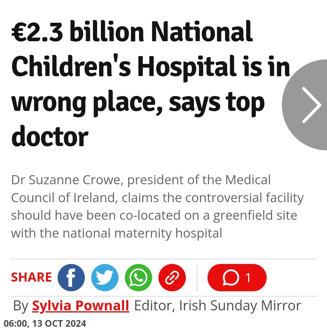 The contentious €2.3 billion National Children’s Hospital is in the wrong location, a leading paediatrician said yesterday.

Dr Suzanne Crowe said the facility, being built at the St. James’s Hospital campus, should have been co-located on a greenfield site with the national