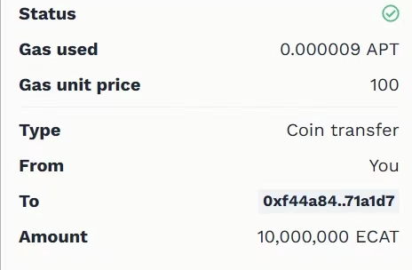 We sent 1% of our tokens to <a href="/PontemNetwork/">Pontem Lumio</a> leaders and we will be whitelisted soon $ECAT 

explorer.aptoslabs.com/txn/1790277881…