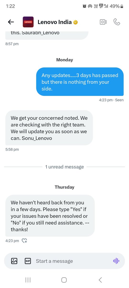 NikhilVarsur's tweet photo. Today marks the one month anniversary of lenovo laptop blast. Still i haven't gotten my laptop back. And This is the message i get from @Lenovo_in. Wow lenovo you are legend of laptop companies. Lenovo is worst. Worst service. Worst company. @jagograhakjago https://t.co/IzIzGjIqiz