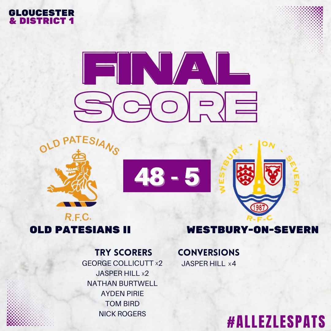 Old Patesians RFC (@oldpatesiansrfc) on Twitter photo Results from yesterday’s action across the county ✍️
Our 1st XV took a point away from their visit to <a href="/OldRichians/">Old Richians RFC</a> in a closely contested game
Meanwhile the 2nd XV secured victory at home to <a href="/WOSRFC/">Westbury On Severn RFC</a> , scoring a try bonus-point in the process 👊
#allezlespats
#glosrugby Results from yesterday’s action across the county ✍️
Our 1st XV took a point away from their visit to <a href="/OldRichians/">Old Richians RFC</a> in a closely contested game
Meanwhile the 2nd XV secured victory at home to <a href="/WOSRFC/">Westbury On Severn RFC</a> , scoring a try bonus-point in the process 👊
#allezlespats
#glosrugby