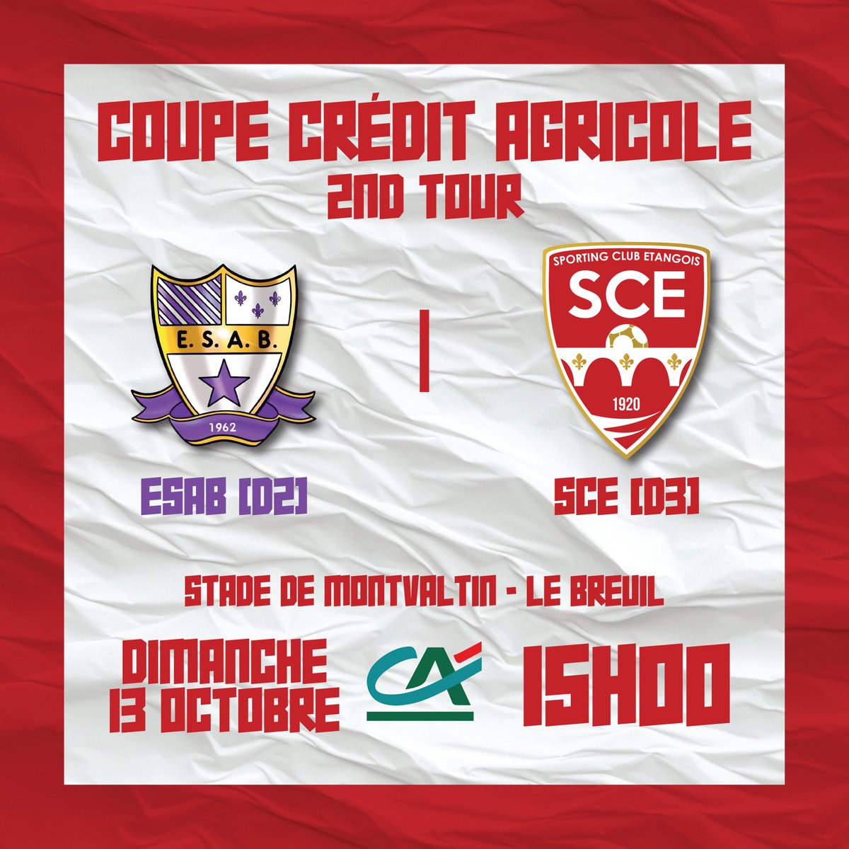 SCEtang's tweet photo. Programme de ce dimanche :
Équipe A - Déplacement sur la pelouse de l'ASSVB  pour le 3ème Tour de la Coupe SPORT COMM à 15H00 ! ⚽️
Équipe B - Déplacement sur la pelouse de l'ESA Breuil B pour le 2nd Tour de la Coupe Crédit Agricole à 15H00 ! ⚽️

Allez les rouges ! 💪🏻🟥 https://t.co/20EoTBEAtJ