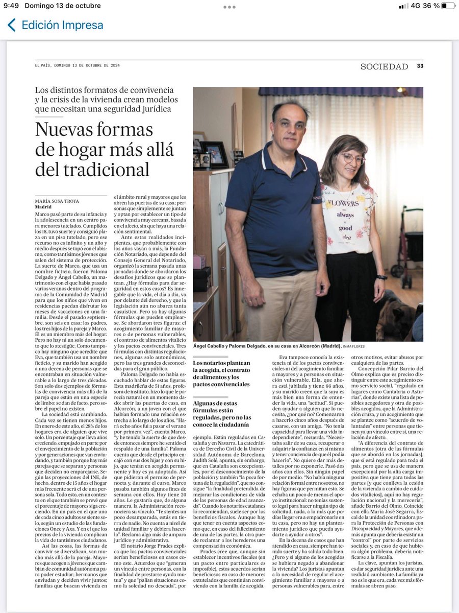 Hoy El País pública este artículo sobre los pactos asistenciales de los que traté, y en especial del acogimiento familiar de mayores, en la Jornada celebrada en el Consejo General del Notariado