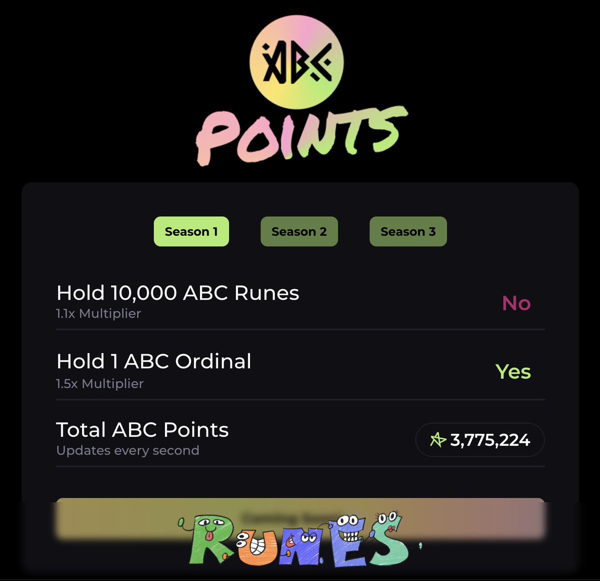 <a href="/rodarmor/">Casey</a> 👋 Heya Casey!

ABC Runes has got you covered! Here you can:

- Search Runes Alphabetically!
- See any Rune's chart in TradingView w/ Indicators
- Earn Points for future ABC Runes airdrops by holding <a href="/ABCOrdinals/">ABC</a> 

Check it out !

ABCRunes.com

<a href="/rodarmor/">Casey</a>
