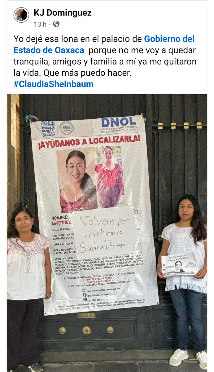 Carmen Sánchez (@carmenanchez) on Twitter photo Hasta encontrarte Sandra ‼️
🚨Sandra denunció la difusión de imágenes íntimas de mujeres de la Sierra Norte de Oaxaca, en grupos de chat donde participan políticos y funcionarios públicos, hoy está desaparecida.<a href="/SergioSalomonC/">Sergio Salomón</a>
<a href="/GobOax/">Gobierno de Oaxaca</a> <a href="/Claudiashein/">Claudia Sheinbaum Pardo</a>
#SandraTeEstamosBuscando Hasta encontrarte Sandra ‼️
🚨Sandra denunció la difusión de imágenes íntimas de mujeres de la Sierra Norte de Oaxaca, en grupos de chat donde participan políticos y funcionarios públicos, hoy está desaparecida.<a href="/SergioSalomonC/">Sergio Salomón</a>
<a href="/GobOax/">Gobierno de Oaxaca</a> <a href="/Claudiashein/">Claudia Sheinbaum Pardo</a>
#SandraTeEstamosBuscando