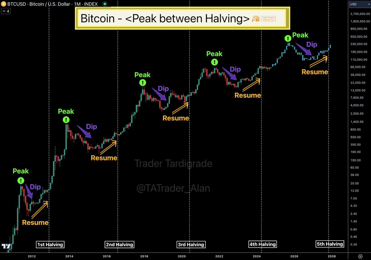 TATrader_Alan's tweet photo. This is the big picture of #Bitcoin 🔥
🟢 Peak between halving has NEVER missed
🟣 Dip after peak can't be avoided
🟠 Resume must be seen just before Halving

✍️ We are at the moment between Halving.
$BTC won't let you down 🚀 https://t.co/53ijHqoNWb