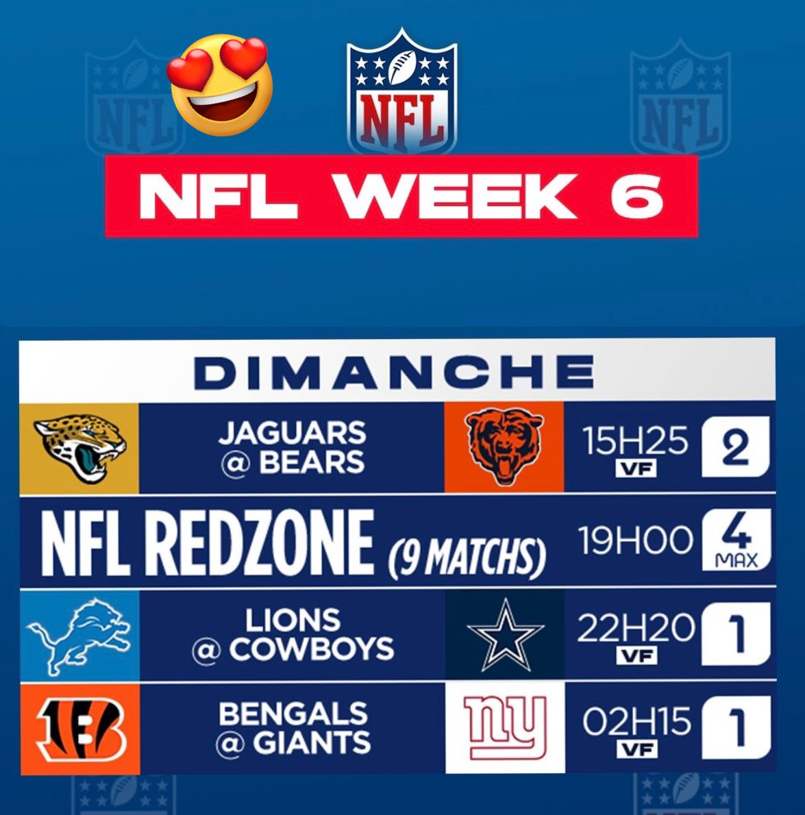 Hey les amis ! 
Encore un dimanche NFL XXL sur <a href="/beinsports_FR/">beIN SPORTS</a> 🏈👀🔥
👉Dès 15h30 et jusqu’au bout de la nuit,  week 6 #NFL avec la team #NFLextra 
<a href="/pa_75/">Peter Anderson</a> <a href="/LMarceline28/">spiner28</a> <a href="/PenguinZac/">Benjamin Bernard</a> <a href="/Philgardent/">Philippe Gardent</a> <a href="/Marcangelos/">Marc-angelo SOUMAH</a> <a href="/TerenceFall/">Térence Fall</a> <a href="/OscarsbtII/">oscar</a> 
Football Sunday 🔥 Let’s go 🏈