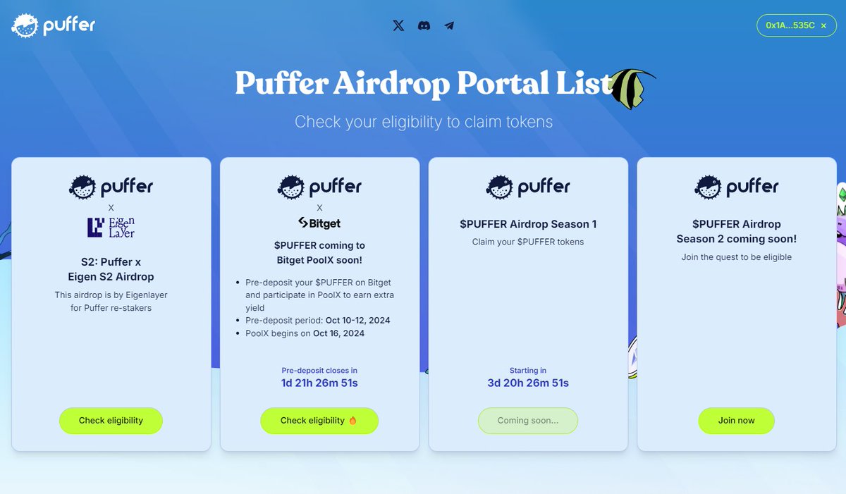 ChongAugusto1's tweet photo. 🪂 Puffer Finance Airdrop: $PUFFER

Join the exciting Puffer Airdrop and claim your share of coin!

Claim Link: https://t.co/eSTeSTryiT

How to Participate:  
1. Select Airdrop  
2. Connect Your Wallet  
3. Claim Your Airdrop

🗓️ Claiming Window:  
Start: October 14, 2024, at 11 AM UTC  
End: January 14, 2025, at 11 AM UTC

Total Supply: 1 Billion $PUFFER  
Initial Supply: 102.3 Million (10.23%)

Don’t miss out on this opportunity!  
#LSD #ETH #Airdrop #ProtocolGuild #puffer_unifi #puffer_finance #BinanceLabs #Lemniscap #FactionVC $pufETH