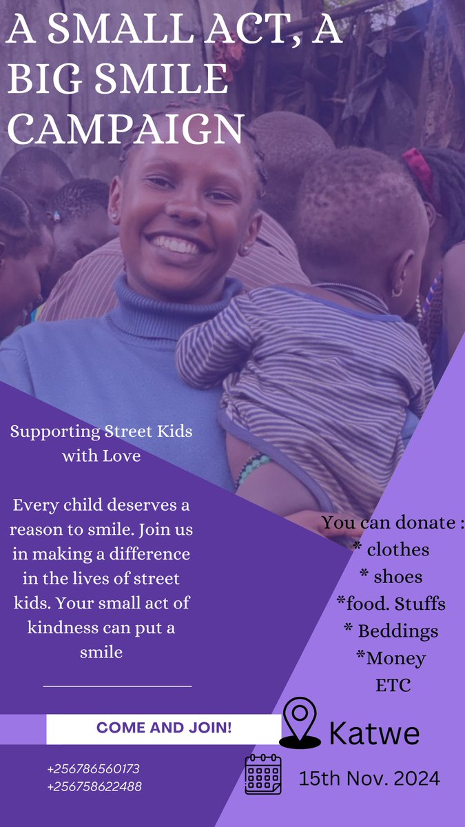 LeonahNaturinda's tweet photo. A small act, big smile campaign! It doesn't take alot to make a child smile. Join us 15th November 2024 as we reach out to the sweet souls in Katwe sharing love and putting smiles on their faces! https://t.co/jn13W5uWSM
