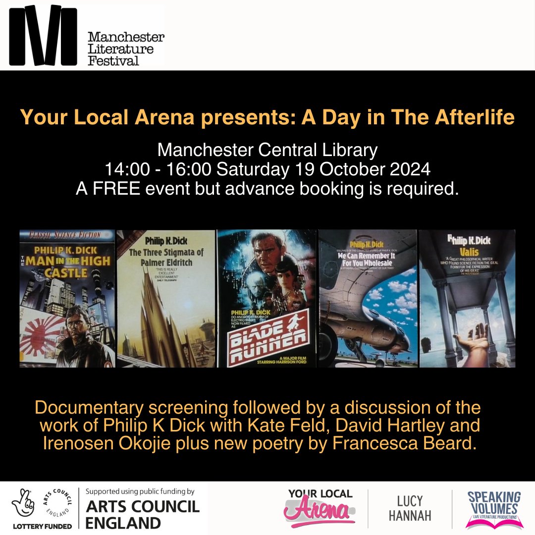 @speaking-volumes.bsky.social (@speak_volumes) on Twitter photo Book now for a rare screening of this BBC Arena film about Philip K Dick with <a href="/katefeld/">Kate Feld</a> <a href="/DHartleyWriter/">David Hartley</a> <a href="/IrenosenOkojie/">Irenosen Okojie</a> and poetry by <a href="/FrancescaBeard/">Francesca Beard</a>!
🚨 A FREE event but you must book!
🎟️bit.ly/YLAMLF
#YourLocalArena <a href="/McrLitFest/">Manchester Literature Festival | ON BLUESKY</a> #Manchester Book now for a rare screening of this BBC Arena film about Philip K Dick with <a href="/katefeld/">Kate Feld</a> <a href="/DHartleyWriter/">David Hartley</a> <a href="/IrenosenOkojie/">Irenosen Okojie</a> and poetry by <a href="/FrancescaBeard/">Francesca Beard</a>!
🚨 A FREE event but you must book!
🎟️bit.ly/YLAMLF
#YourLocalArena <a href="/McrLitFest/">Manchester Literature Festival | ON BLUESKY</a> #Manchester