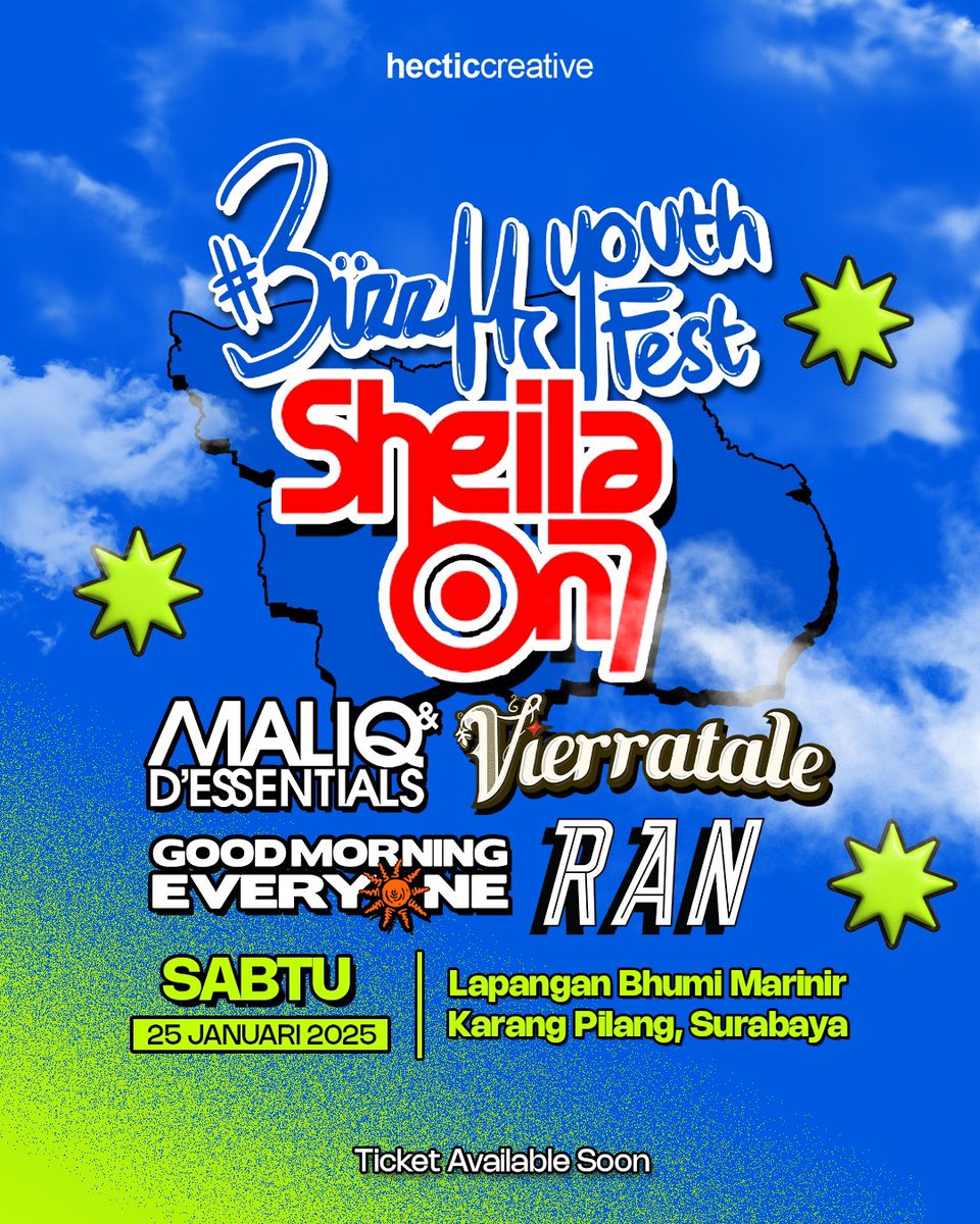 EVENT INDONESIA (@event_indonesia) on Twitter photo Resmi !!!
Band <a href="/sheilaon7/">Sheila On 7</a> akhirnya akan manggung di Surabaya bareng <a href="/maliqmusic/">MALIQ & D'ESSENTIALS</a> <a href="/RANforyourlife/">RAN</a> <a href="/Vierratale/">VIERRATALE</a> dan Good Morning Everyone
🗓️ 25 Januari 2025
📍 Lap. Bhumi Marinir Karang Pilang, Surabaya
Follow Instagram <a href="/buzzyouthfest/">Buzz Youth Fest</a> untuk informasi penting lain.
#BuzzYouthFest Resmi !!!
Band <a href="/sheilaon7/">Sheila On 7</a> akhirnya akan manggung di Surabaya bareng <a href="/maliqmusic/">MALIQ & D'ESSENTIALS</a> <a href="/RANforyourlife/">RAN</a> <a href="/Vierratale/">VIERRATALE</a> dan Good Morning Everyone
🗓️ 25 Januari 2025
📍 Lap. Bhumi Marinir Karang Pilang, Surabaya
Follow Instagram <a href="/buzzyouthfest/">Buzz Youth Fest</a> untuk informasi penting lain.
#BuzzYouthFest