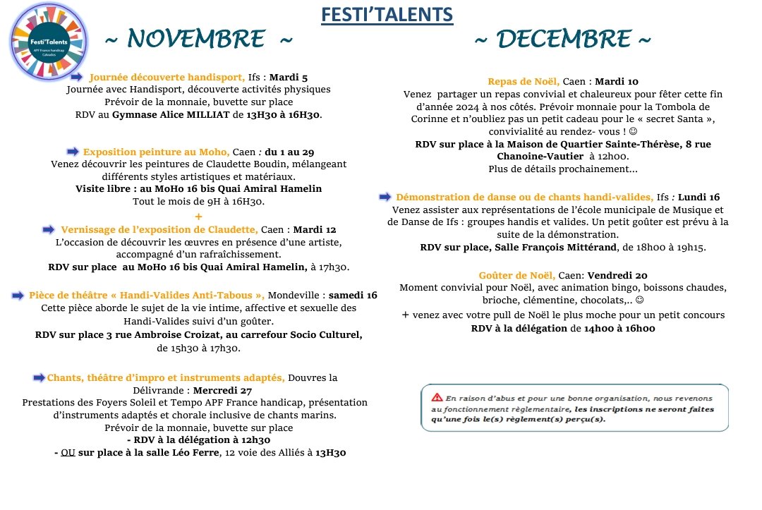 🤩 Programme d'activité Novembre/Décembre 🎄
#APFFrancehandicap 
#programme 
#festitalents