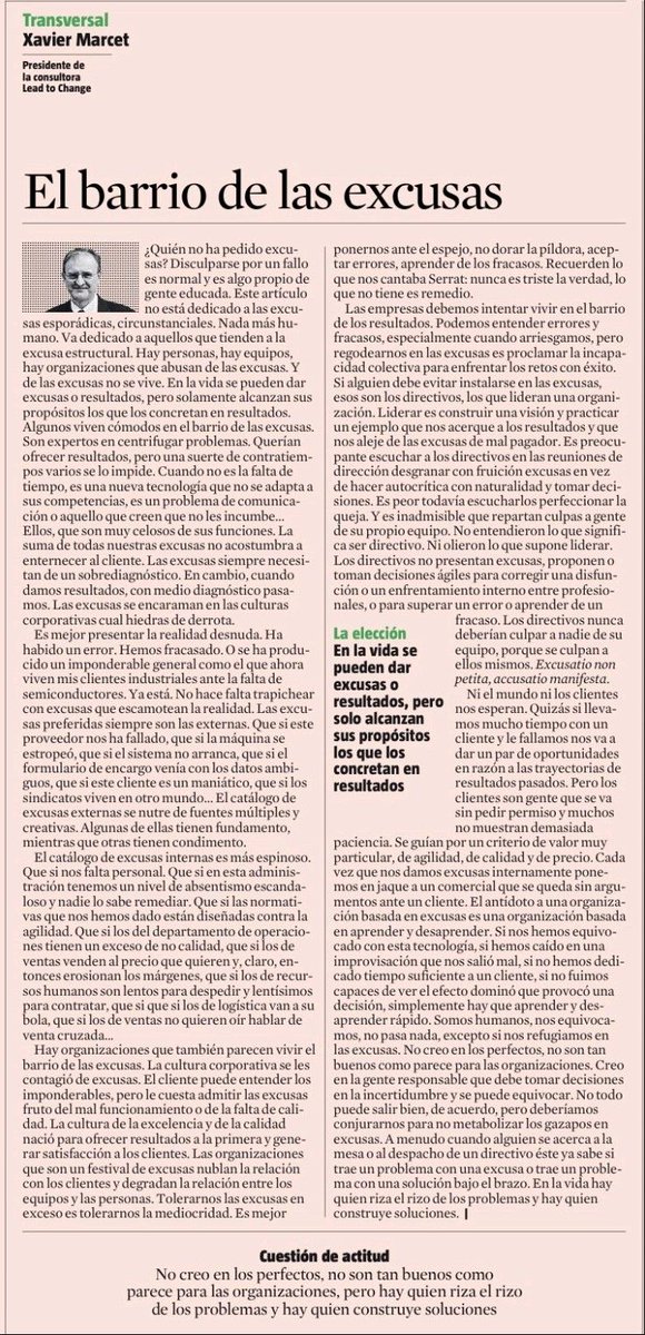 Isabel Buron (@bc1burom) on Twitter photo Totalmente de acuerdo <a href="/XavierMarcet/">Xavier Marcet</a>
Los mejores no son los que se creen perfectos y solo rizan los problemas, sino quienes aportan resultados y afrontan sus errores, resolviendo y sin excusas. Añado: Los errores no deben ser ni arma ni debilidad, sino oportunidad de mejorar Totalmente de acuerdo <a href="/XavierMarcet/">Xavier Marcet</a>
Los mejores no son los que se creen perfectos y solo rizan los problemas, sino quienes aportan resultados y afrontan sus errores, resolviendo y sin excusas. Añado: Los errores no deben ser ni arma ni debilidad, sino oportunidad de mejorar