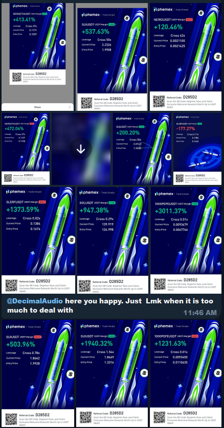 WWallsteet's tweet photo. Just some trades I took last week, probably nothing🙄

IM BACK! Locking into the new Meta. 
Goin to be trading on @Phemex_official. 
Love this exchange and the team working on it!

If you're serious about Trading Crypto & Not Gambling it then join us!  
https://t.co/hRbYTknj6Y